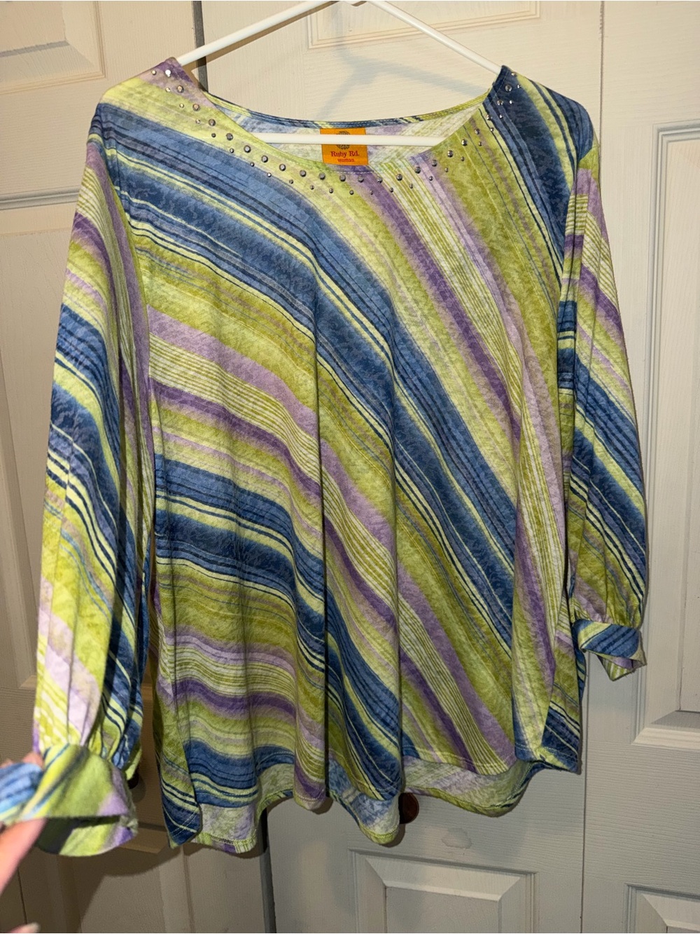 Ruby Rd. Lime Blue Lavender Striped Boatneck Tunic